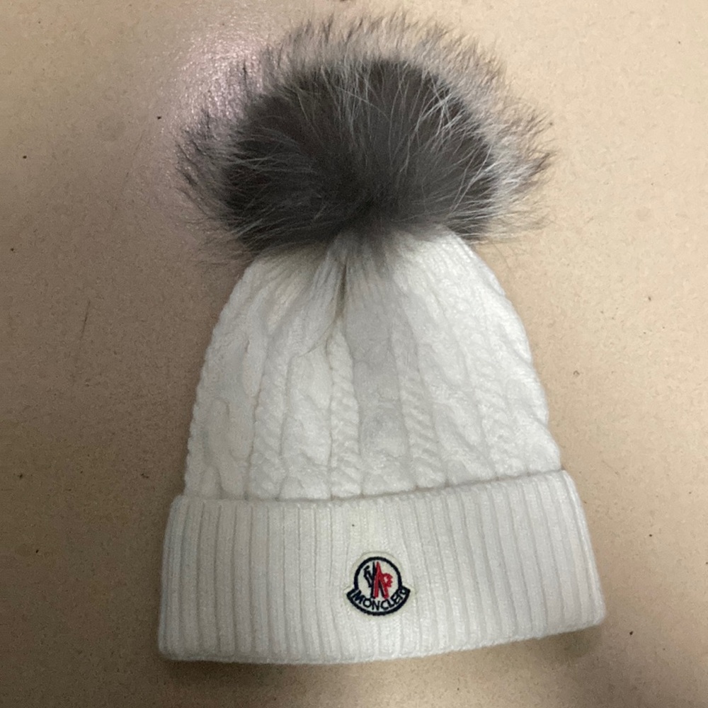Moncler White Beanie with Gray Pom